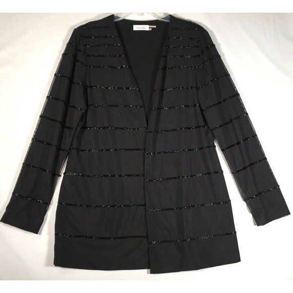 Calvin Klein Womens Large Black Poly Mesh Beaded Line Open Front Coat Cardigan - Picture 3 of 13